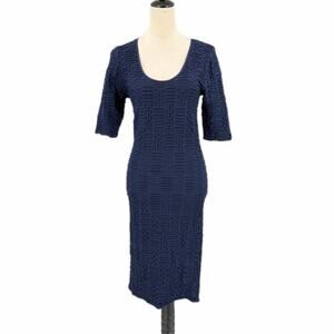 Tees by Tina OSFM Navy Scoop Neck Crinkle Stretch Textured 3/4 Sleeve Midi Dress